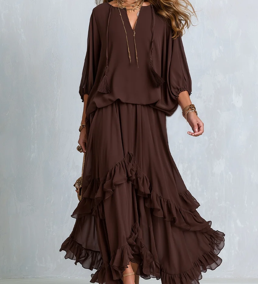 Ondine | Top de Chiffon Castanho com Franjas e Saia Volante