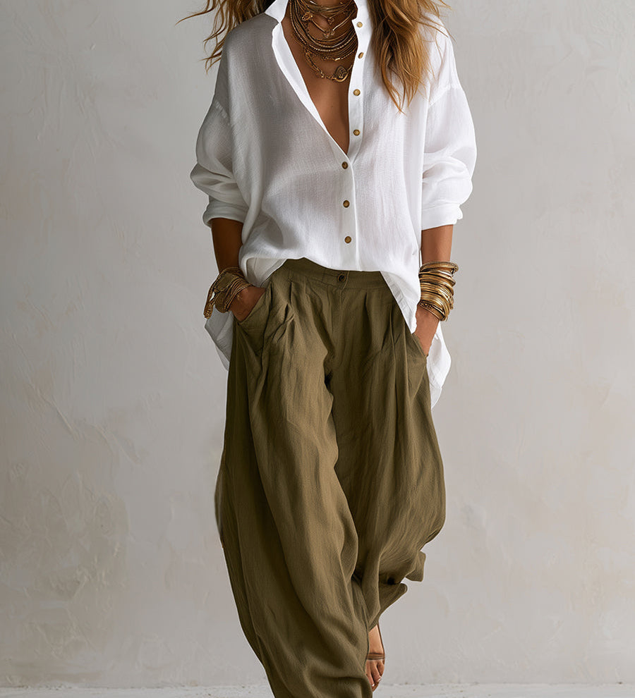 Capucine | Camisa Branca Larga e Calças Lantern Verde Oliva