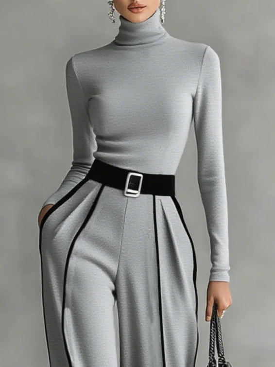 Céline | Conjunto Chic com Gola Alta & Calças Largas