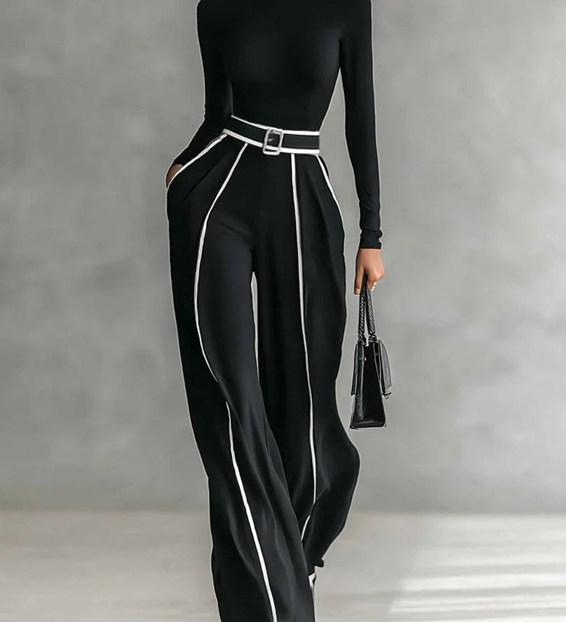 Adèle | Conjunto de Gola Alta com Detalhes Brancos e Calças Largas