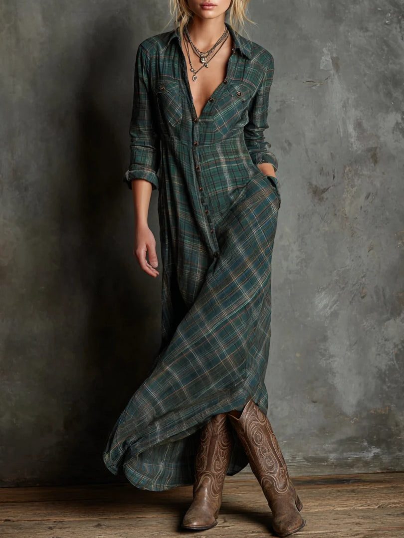 Margaux | Vestido Camisa Longo com Gola Vichy Verde