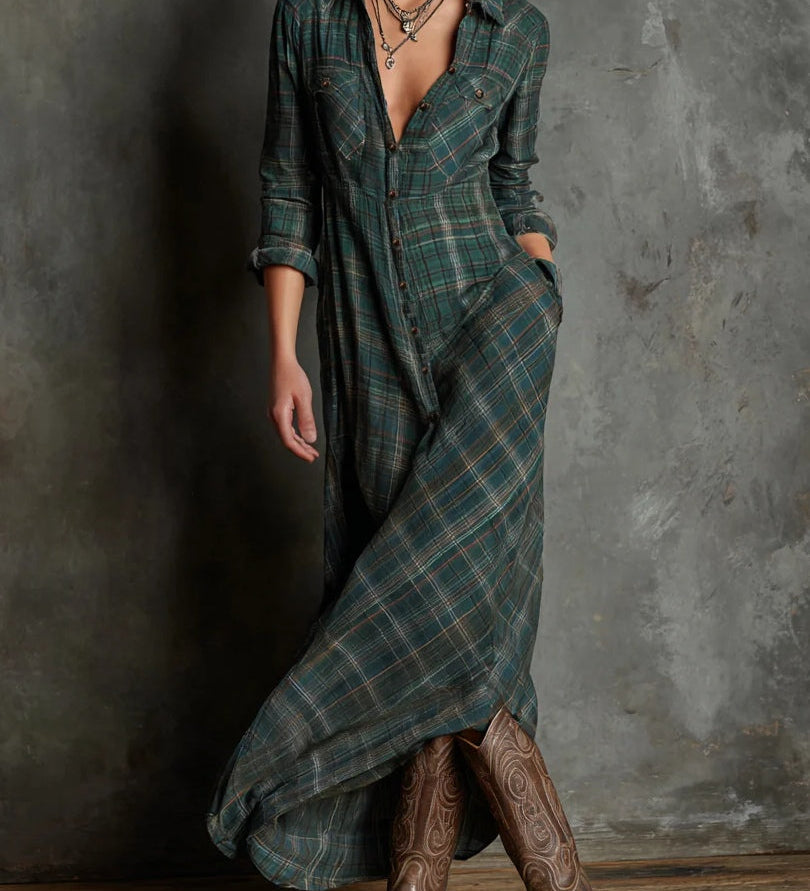 Margaux | Vestido Camisa Longo com Gola Vichy Verde