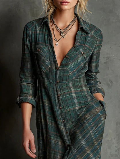 Margaux | Vestido Camisa Longo com Gola Vichy Verde