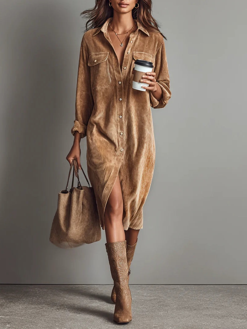 Béatrice | Vestido Midi em Veludo Cotelê com Bolsos e Botão Simples