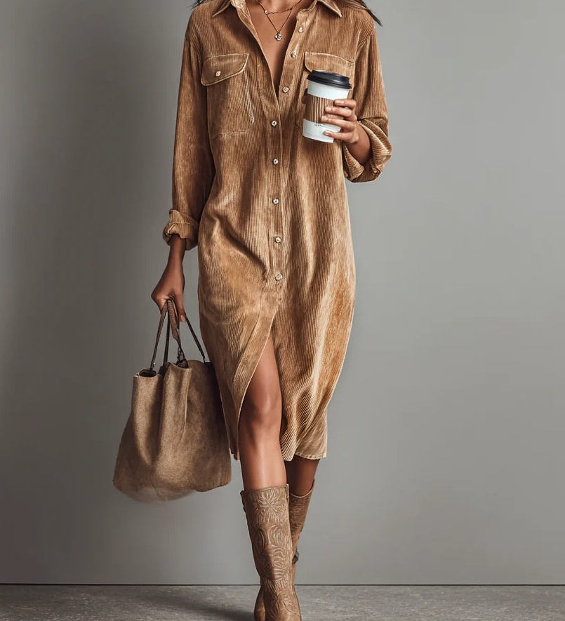 Béatrice | Vestido Midi em Veludo Cotelê com Bolsos e Botão Simples