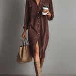 Béatrice | Vestido Midi em Veludo Cotelê com Bolsos e Botão Simples