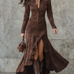 Lisette | Vestido Longo Retro Castanho com Volantes