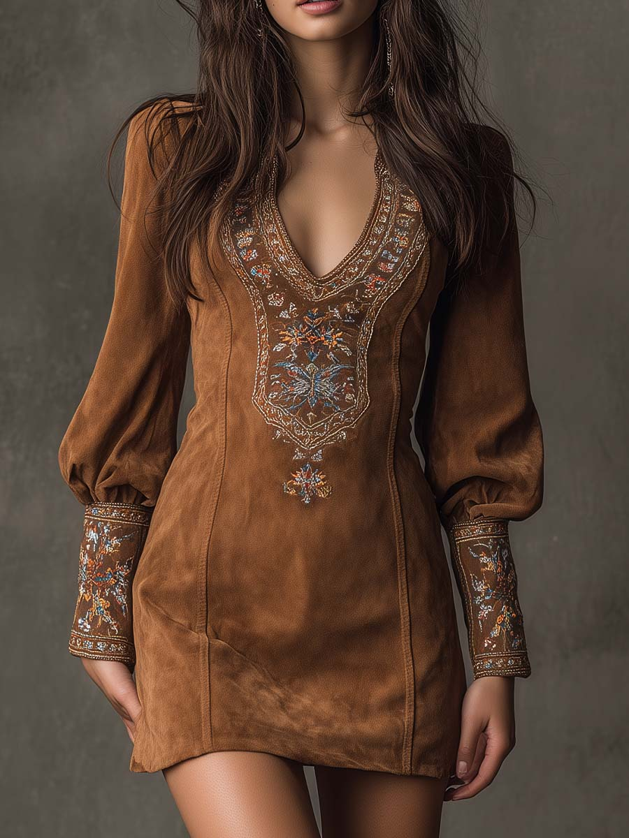Emilienne | Mini-Robe Vintage em Suédine Bordada