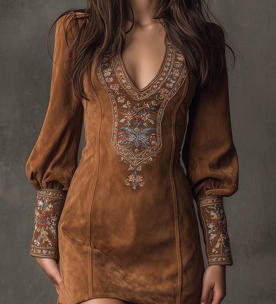 Emilienne | Mini-Robe Vintage em Suédine Bordada
