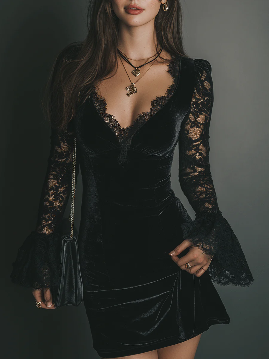 Mélanie | Vestido Mini em Veludo & Renda Luna