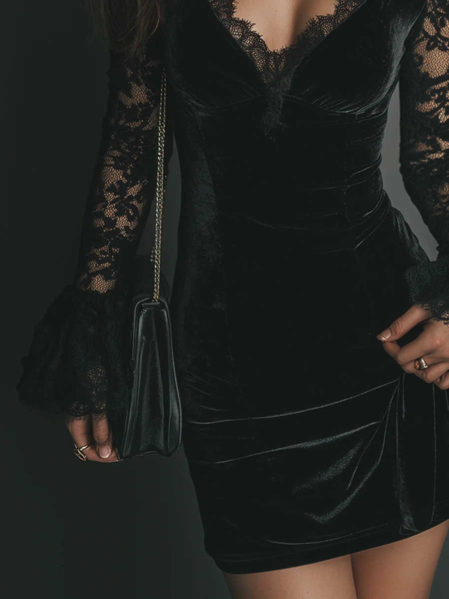 Mélanie | Vestido Mini em Veludo & Renda Luna