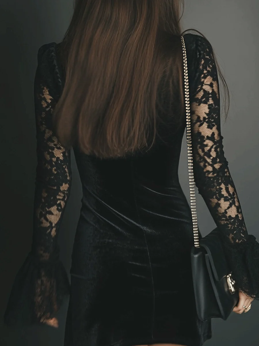 Mélanie | Vestido Mini em Veludo & Renda Luna