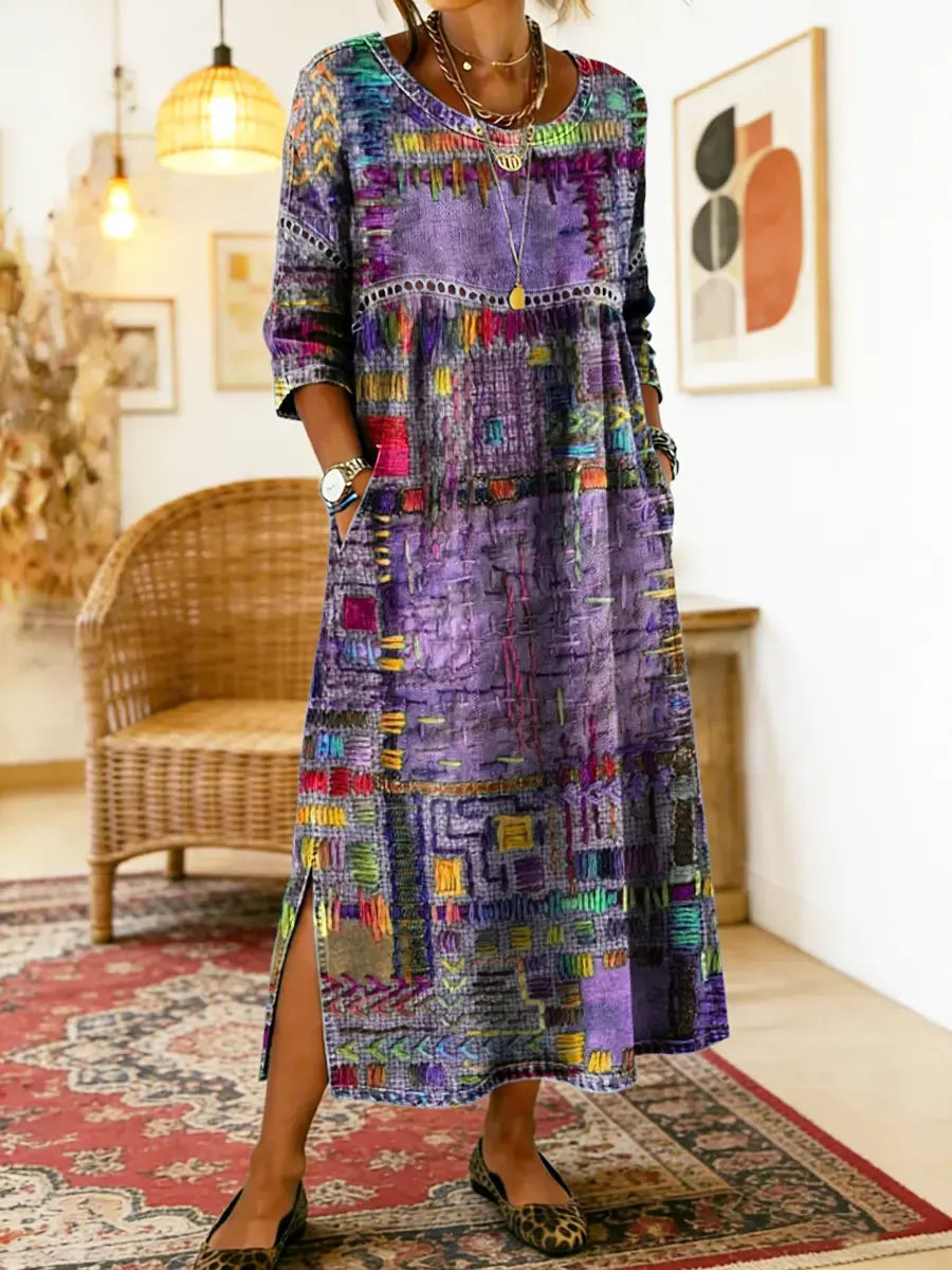 Vestido de algodão feminino com estampado étnico e patchwork