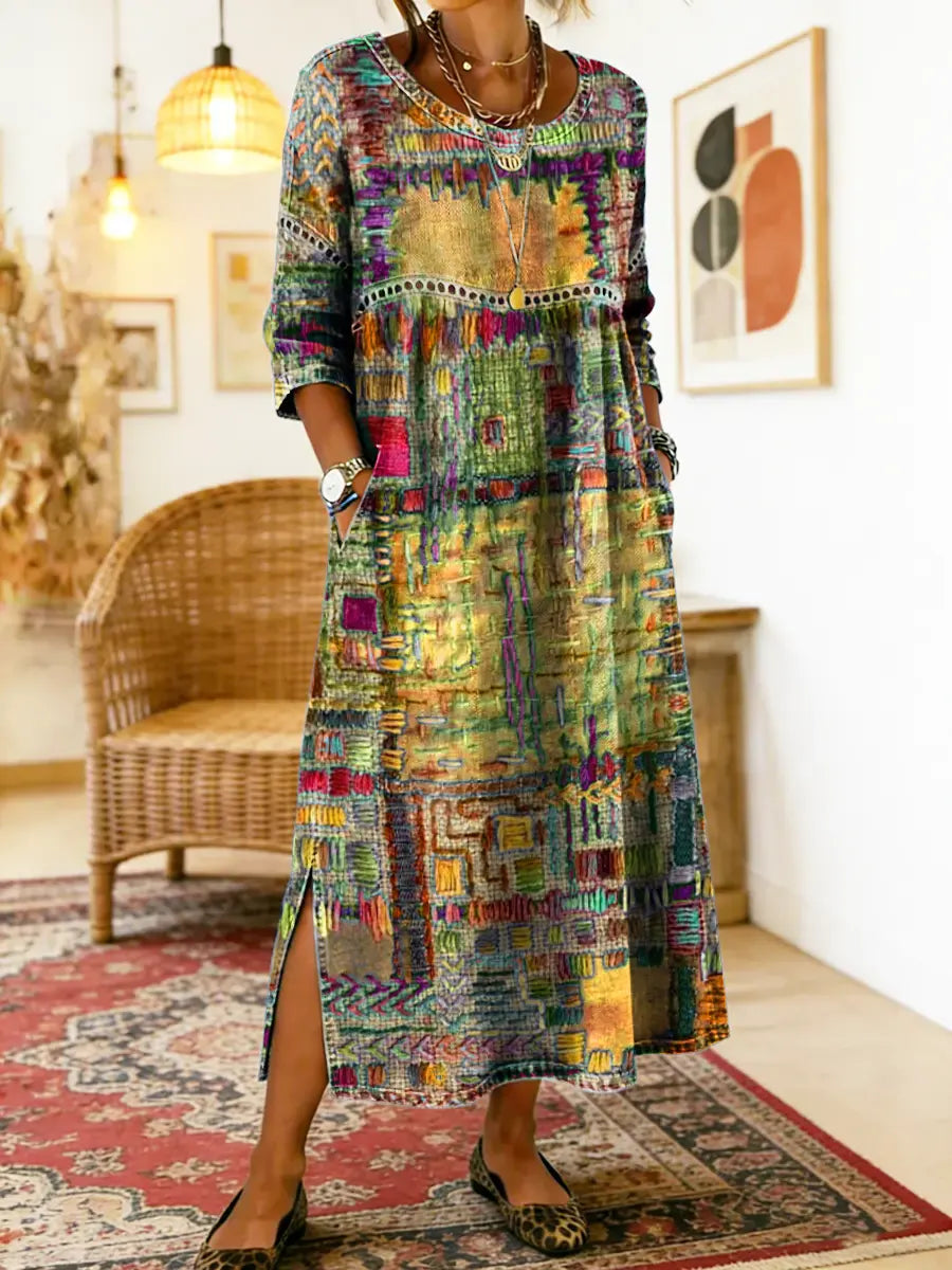 Vestido de algodão feminino com estampado étnico e patchwork