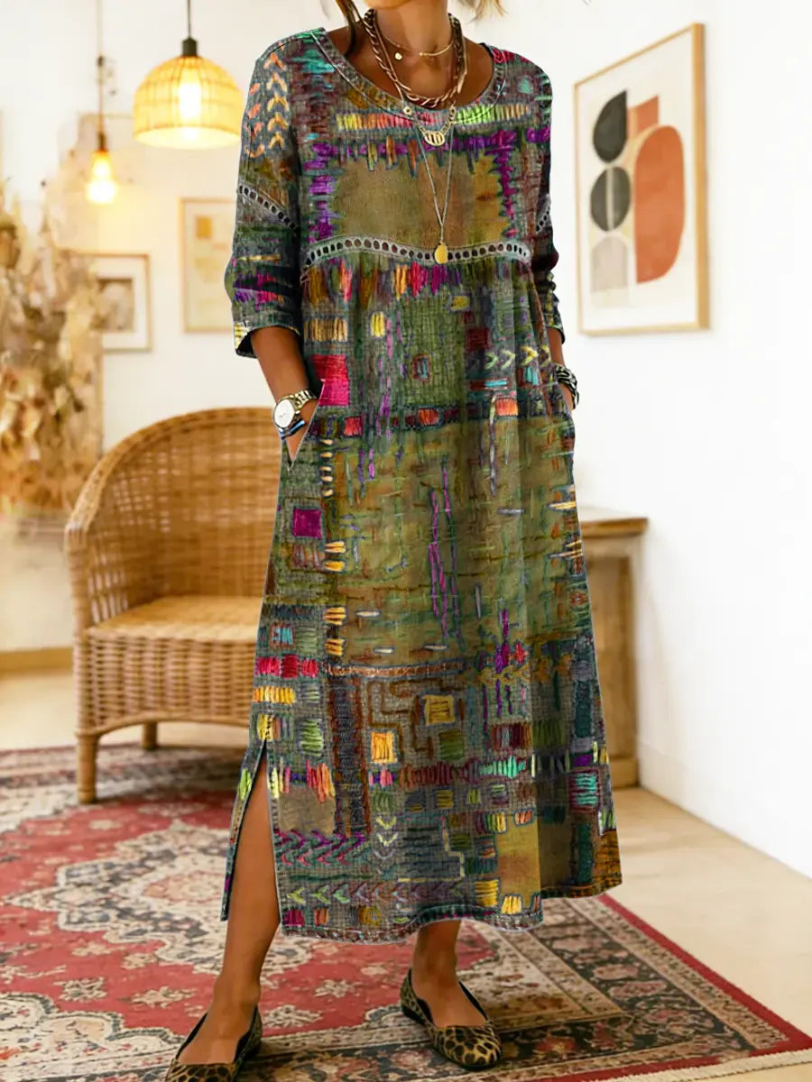 Vestido de algodão feminino com estampado étnico e patchwork