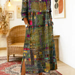 Vestido de algodão feminino com estampado étnico e patchwork
