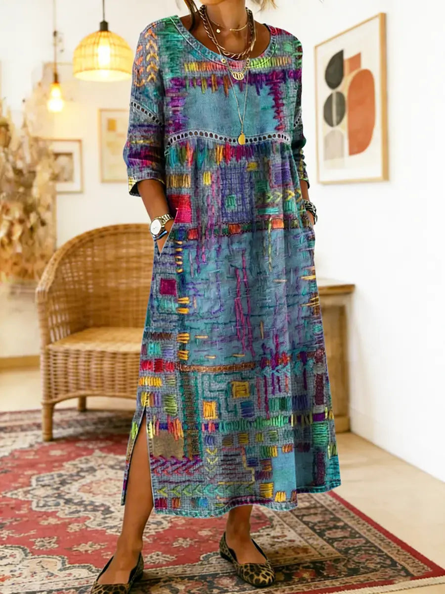Vestido de algodão feminino com estampado étnico e patchwork
