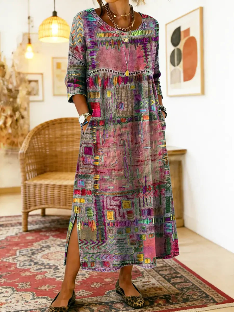 Vestido de algodão feminino com estampado étnico e patchwork