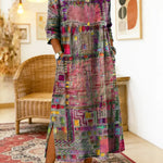 Vestido de algodão feminino com estampado étnico e patchwork