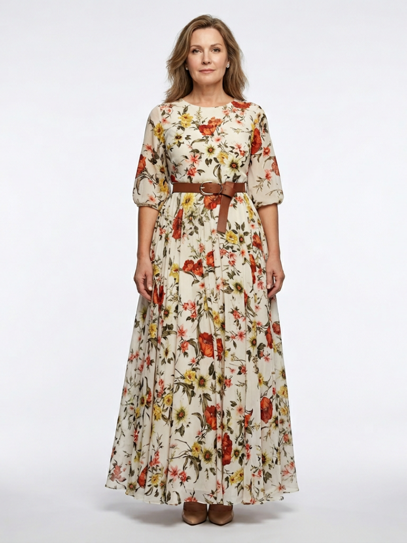 Isabelle | Vestido maxi com cinto, decote redondo e mangas três-quartos