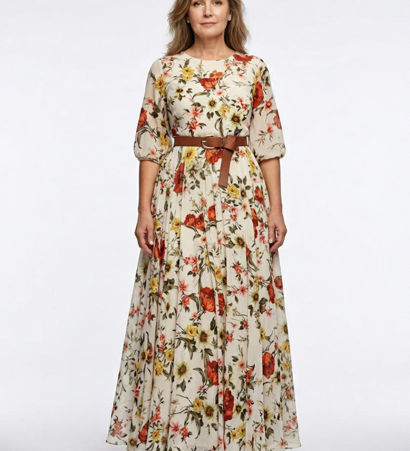 Isabelle | Vestido maxi com cinto, decote redondo e mangas três-quartos