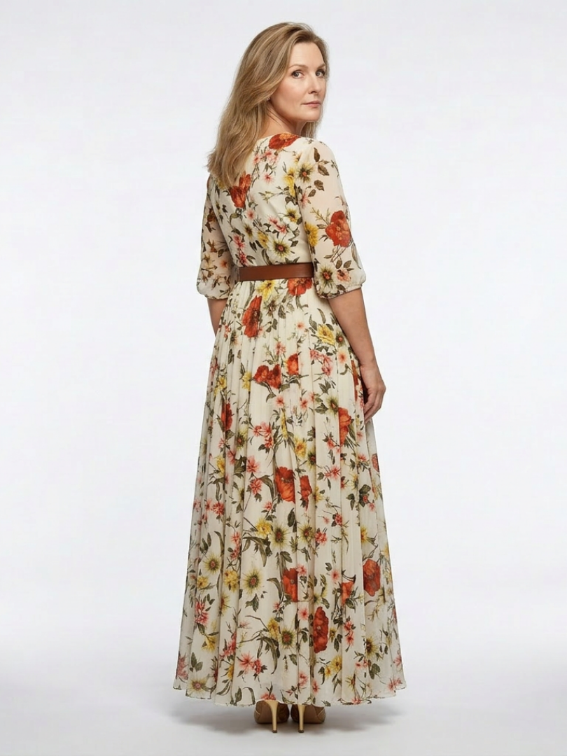 Isabelle | Vestido maxi com cinto, decote redondo e mangas três-quartos