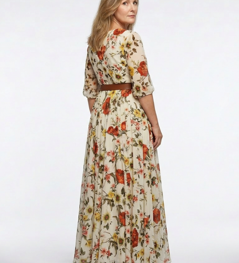 Isabelle | Vestido maxi com cinto, decote redondo e mangas três-quartos
