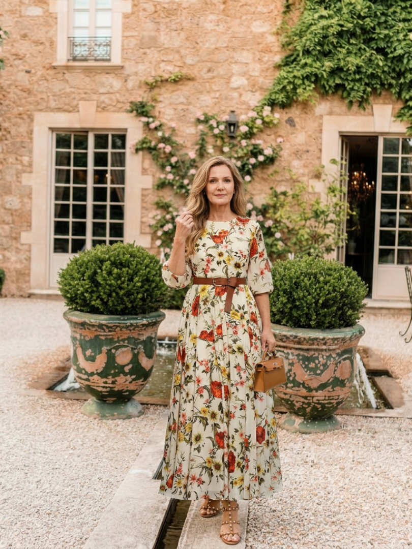 Isabelle | Vestido maxi com cinto, decote redondo e mangas três-quartos
