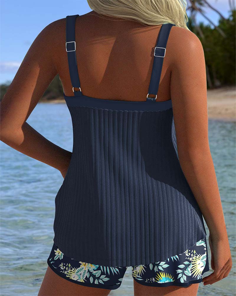 ALBA™ | Tankini Listrado de Duas Peças Curto de Praia