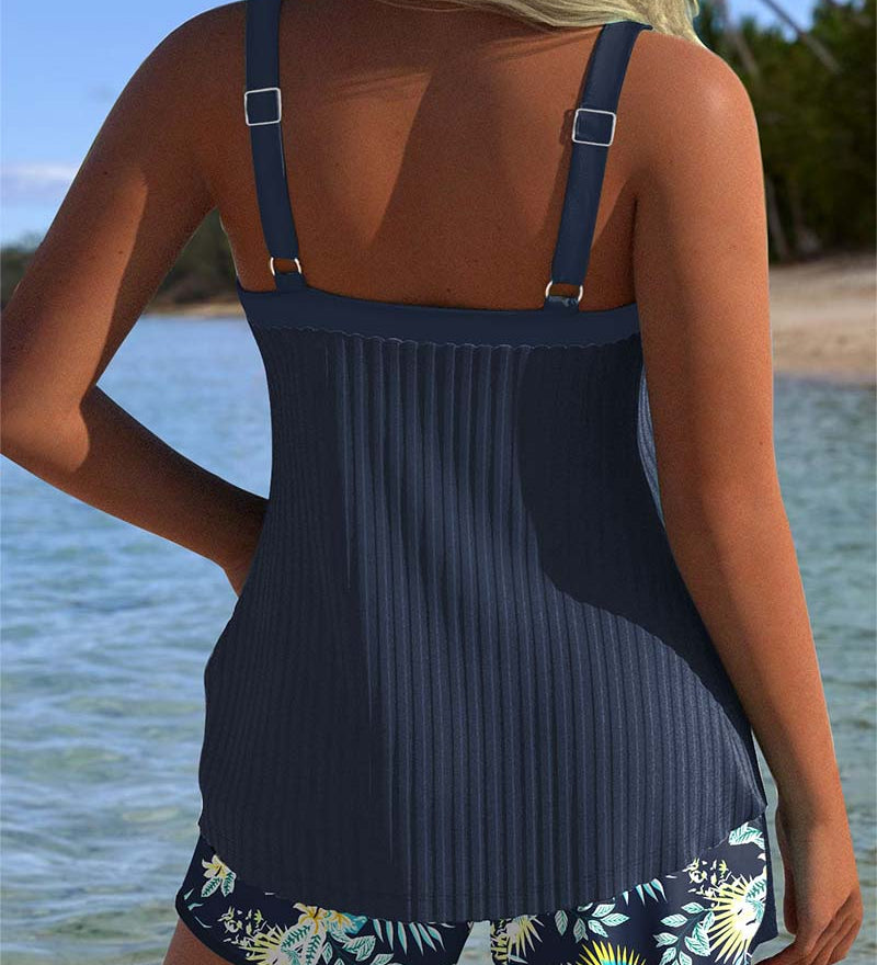 ALBA™ | Tankini Listrado de Duas Peças Curto de Praia