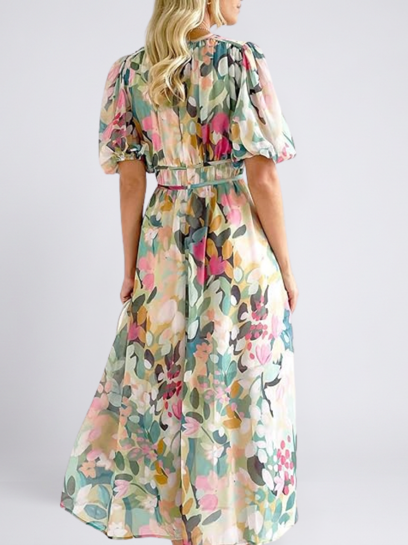 Audrey | Vestido midi de mangas curtas e cintura franzida