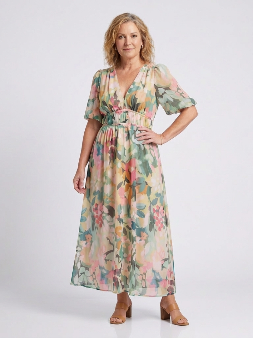 Audrey | Vestido midi de mangas curtas e cintura franzida