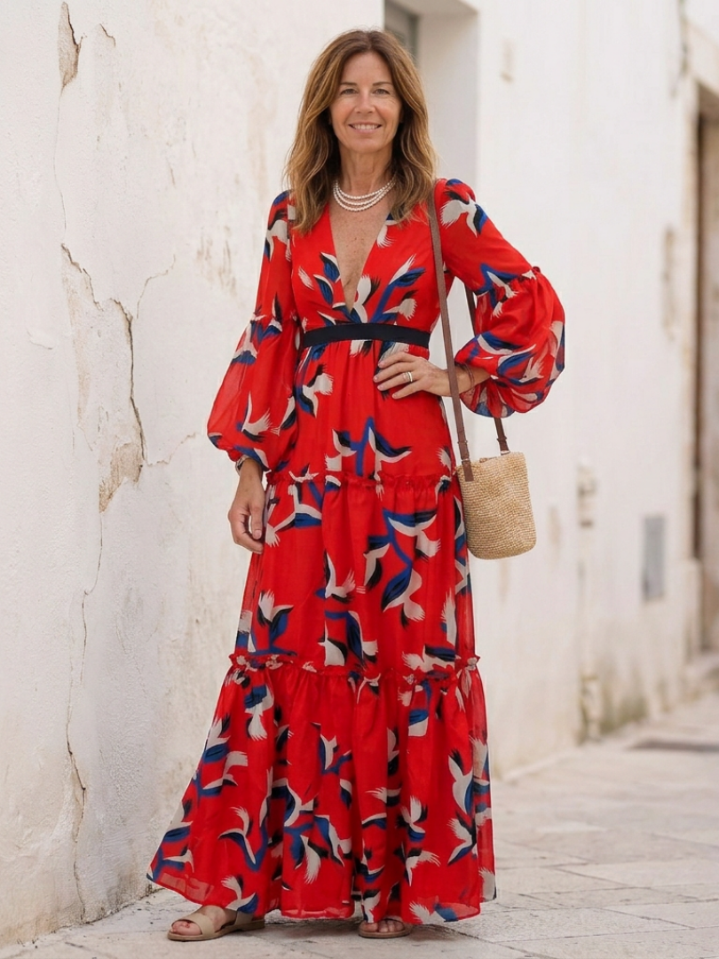 Léa | Vestido maxi de mangas longas e cintura atada