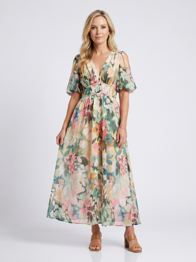 Audrey | Vestido midi de mangas curtas e cintura franzida