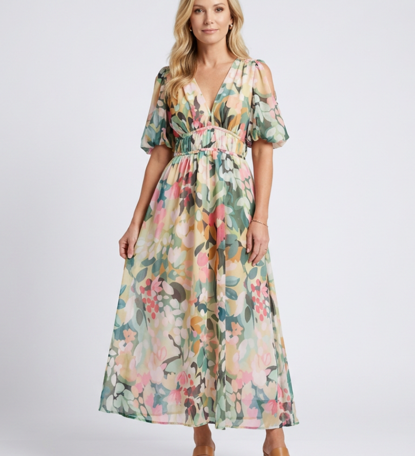 Audrey | Vestido midi de mangas curtas e cintura franzida
