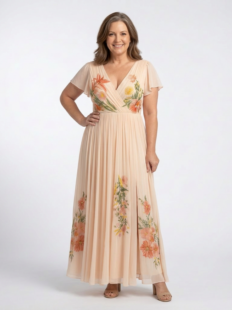 Hélène | Vestido maxi com flores plissado com decote em V
