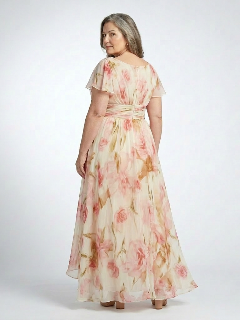 Margaux | Vestido maxi floral de mangas curtas em V