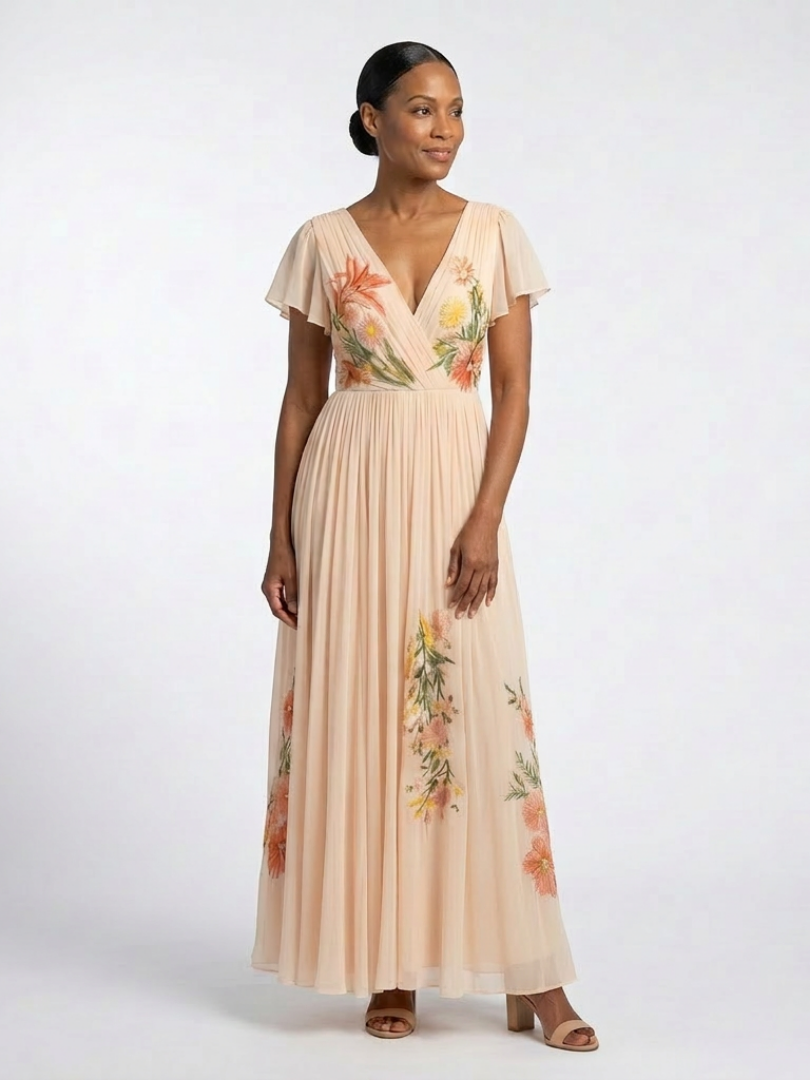Hélène | Vestido maxi com flores plissado com decote em V