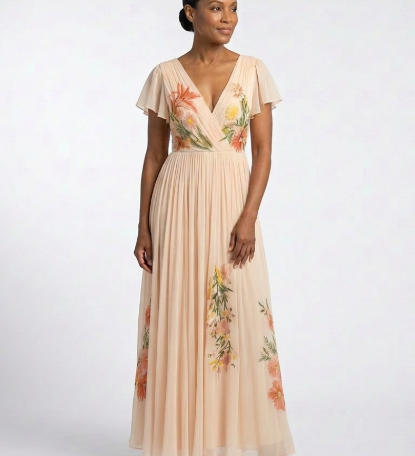 Hélène | Vestido maxi com flores plissado com decote em V