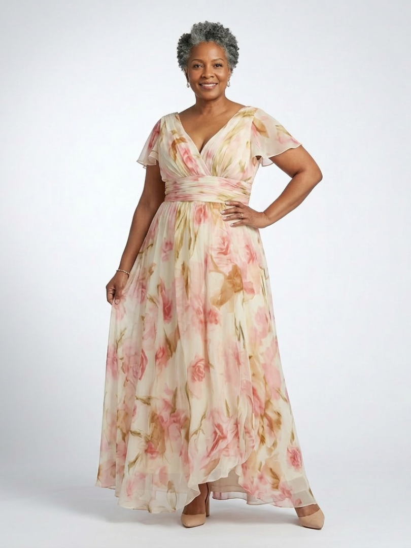 Margaux | Vestido maxi floral de mangas curtas em V