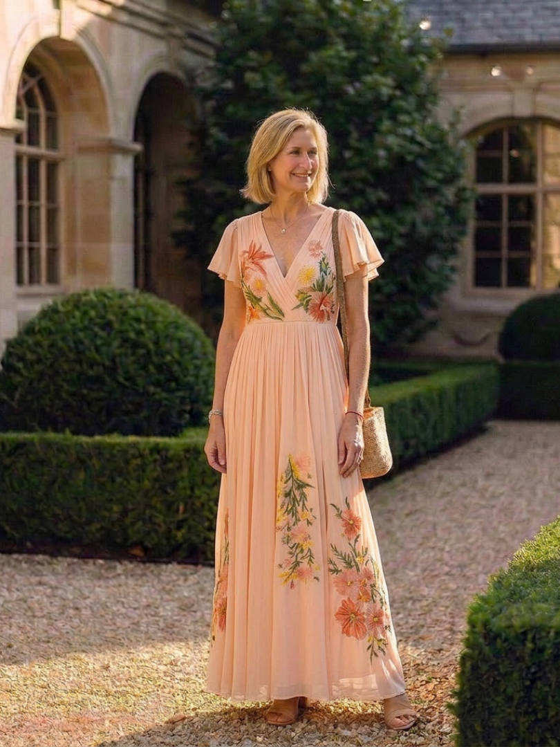 Hélène | Vestido maxi com flores plissado com decote em V
