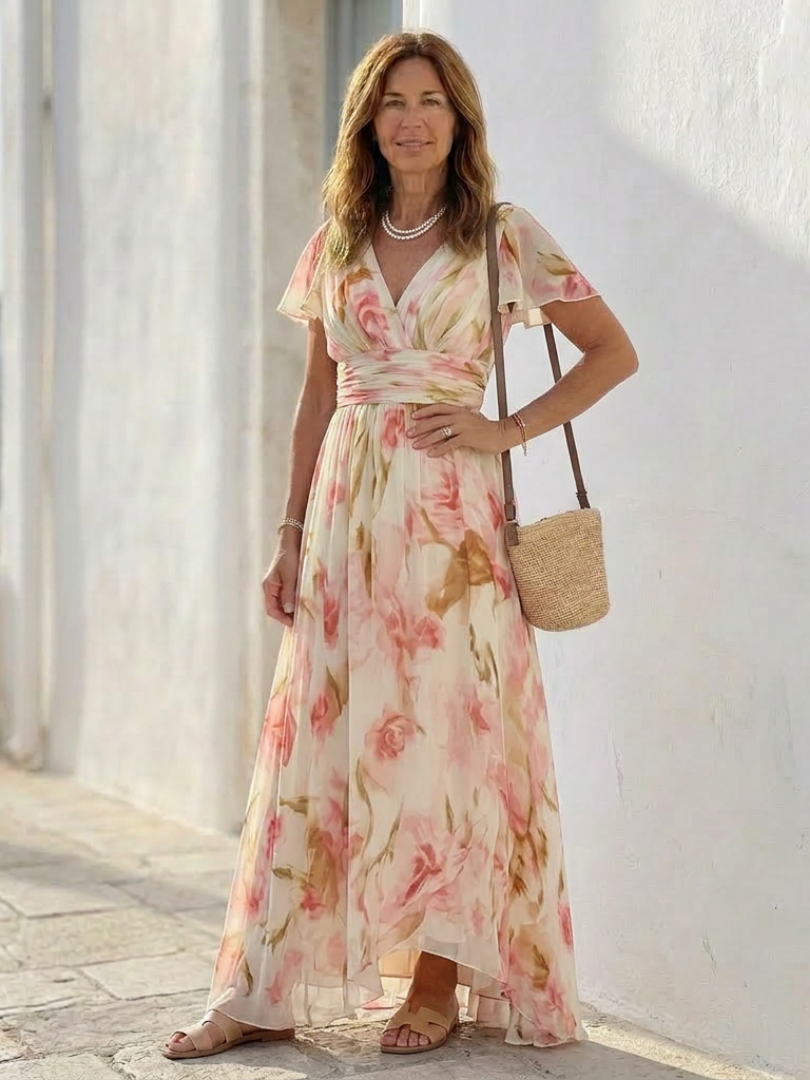 Margaux | Vestido maxi floral de mangas curtas em V