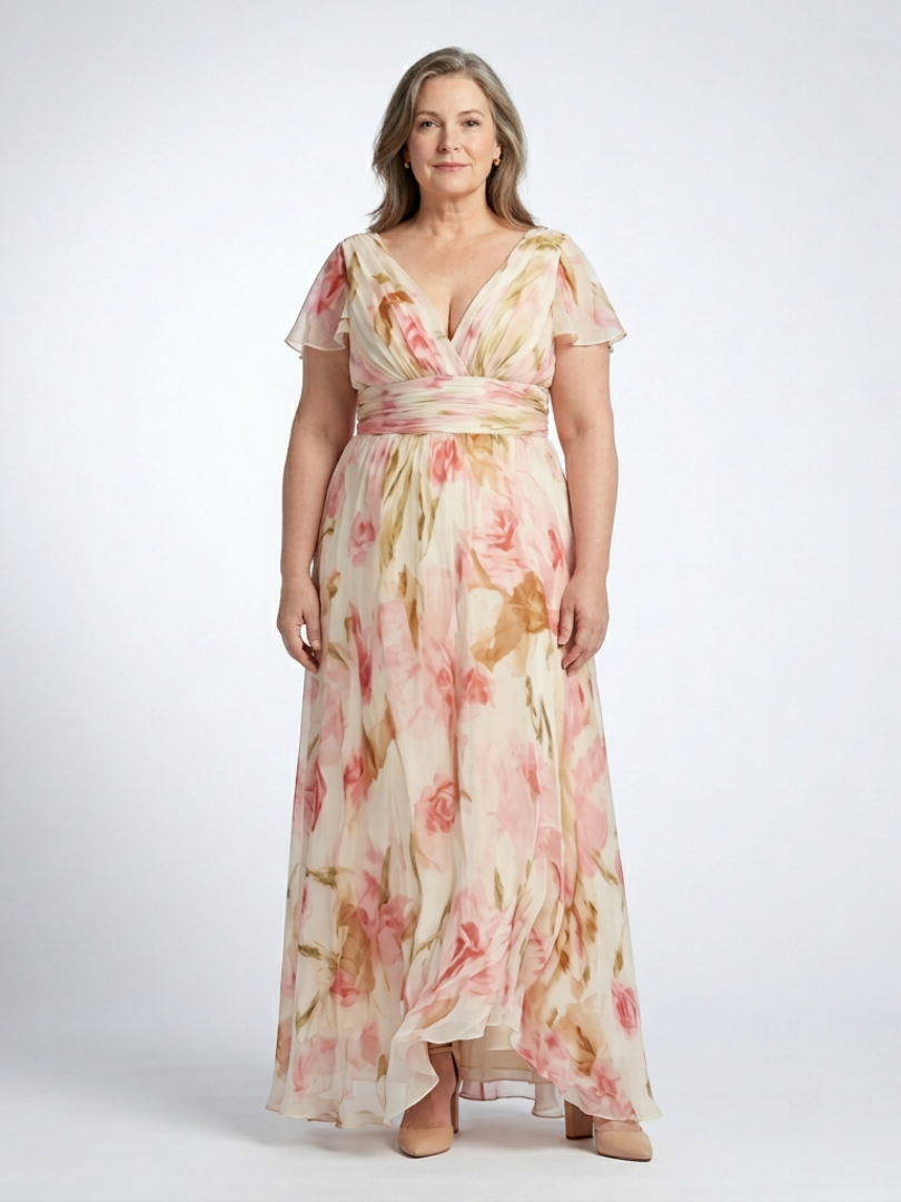 Margaux | Vestido maxi floral de mangas curtas em V