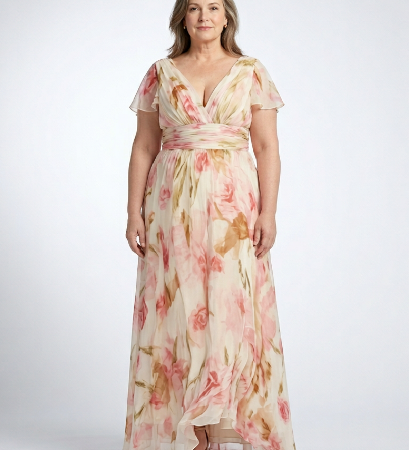 Margaux | Vestido maxi floral de mangas curtas em V