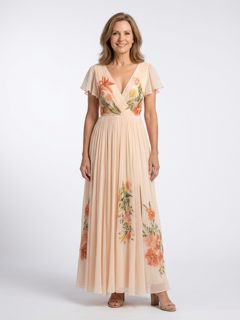 Hélène | Vestido maxi com flores plissado com decote em V