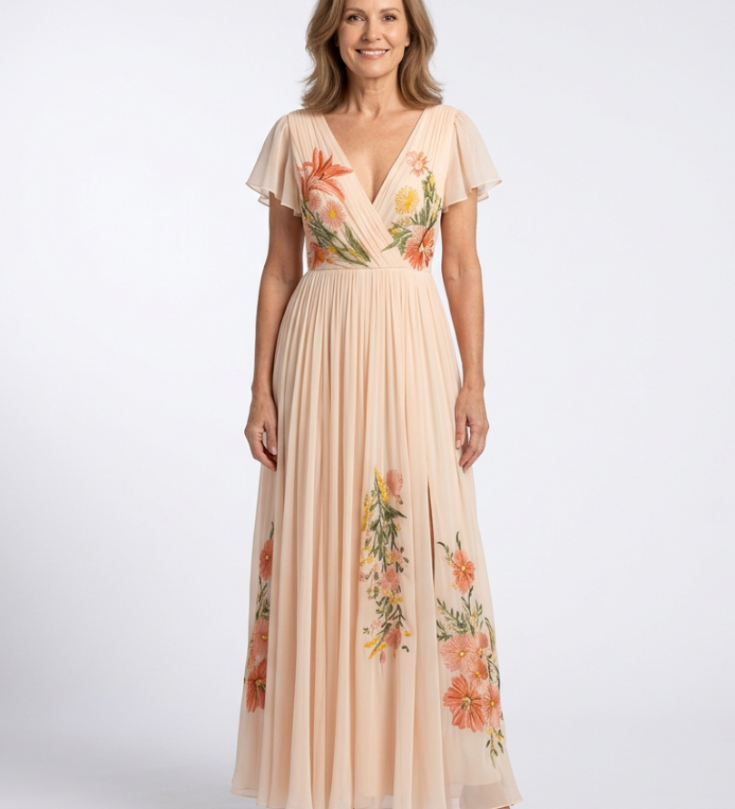 Hélène | Vestido maxi com flores plissado com decote em V