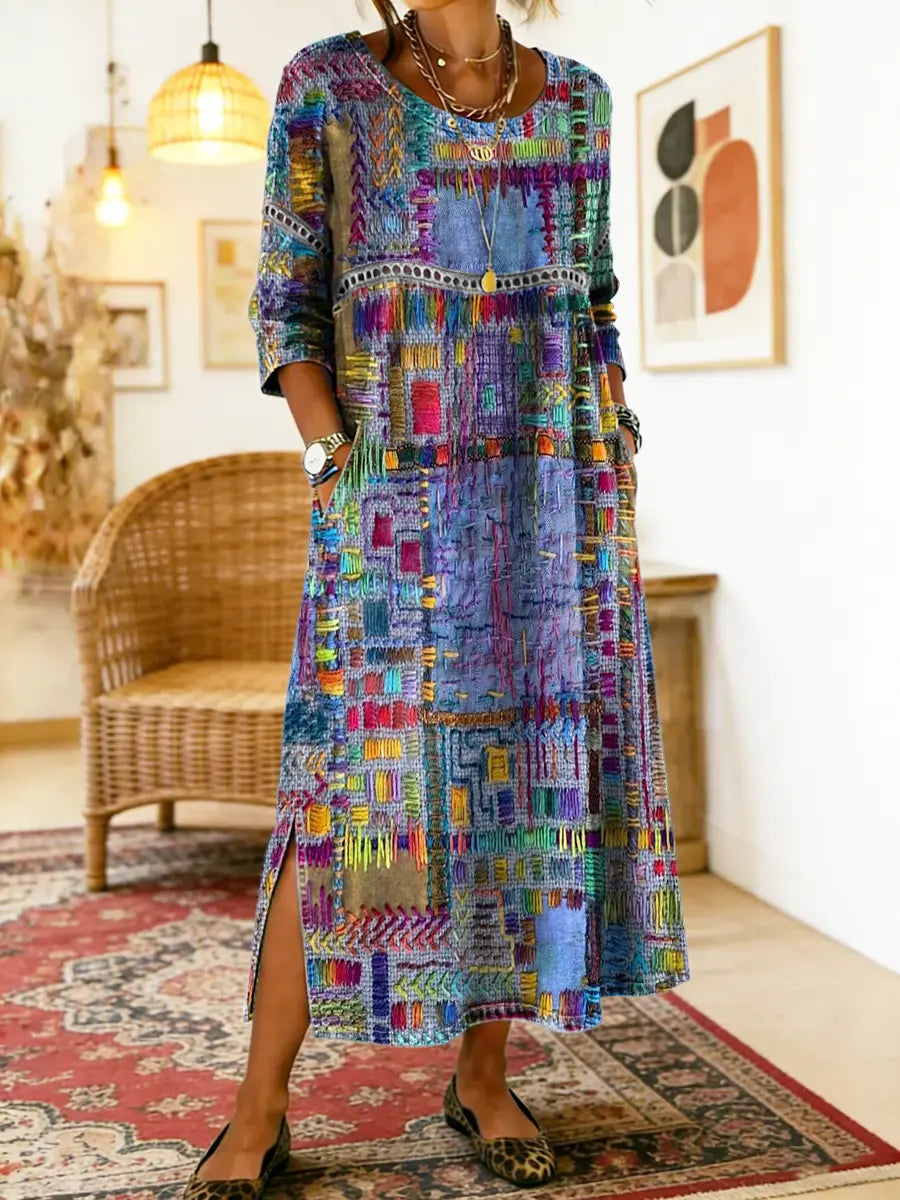 Vestido de algodão feminino com estampado étnico e patchwork