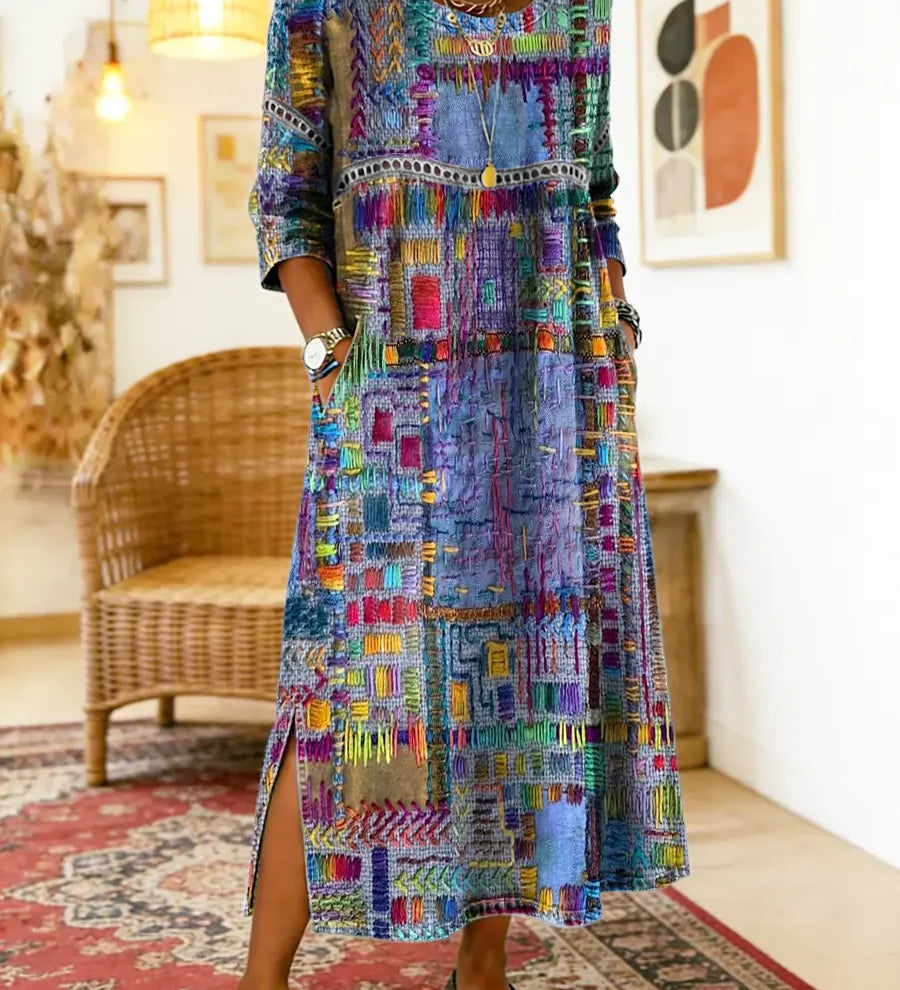 Vestido de algodão feminino com estampado étnico e patchwork