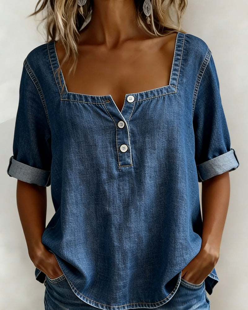 Avélia™ | Camisa de denim com colarinho quadrado