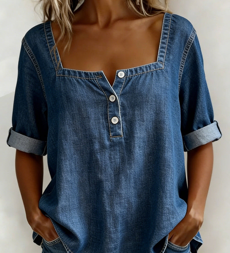 Avélia™ | Camisa de denim com colarinho quadrado